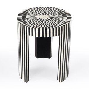 Round <b>Black</b> White Striped Resin Inlay Side Table Contemporary Wooden End Table with Geometric Pattern Standing Type Furniture - Product Image 1