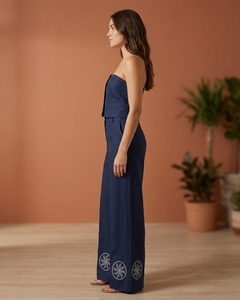 Conjunto de Dos Piezas Azul Marino para Mujer, Top sin Tirantes con Botones y Pantalones Anchos con Dobladillo Bordado - Product Image 5