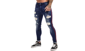 Men's Lightweight Breathable Distressed Ripped Skinny High <b>Waist</b> Blue Cotton Casual <b>Jeans</b> - Product Image 2