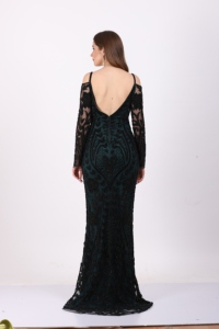Elegant Black & Teal Off-Shoulder <b>Sequin</b> Maxi Gown Women's Black & Teal V-Neck Cold-Shoulder <b>Sequin</b> Evening Gown with Long - Product Image 2