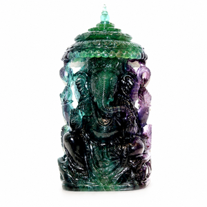 Fluorite Ganesha <b>Statue</b>, green-purple seated Ganesha carving beneath a tiered canopy, for distinctive accessory curation - Product Image 1