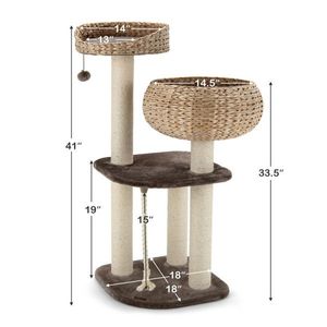 Arbre à chat en jacinthe d'eau tressé à la main de 41 pouces avec 3 poteaux à gratter en sisal, centre d'activités multi-niveaux pour chats, marron - Product Image 3
