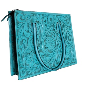 Tooled Curved Turquoise Vintage Leather Tote Bag Western Curving Leather <b>HandBag</b> Most Popular Choice at Wholesale Price - Product Image 1