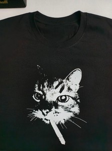 Camiseta Vintage para Hombre con Gráfico de Gato Fumando, Negra, de Algodón, Divertida, Estilo Meme, Streetwear Alternativo, Manga Corta - Product Image 3