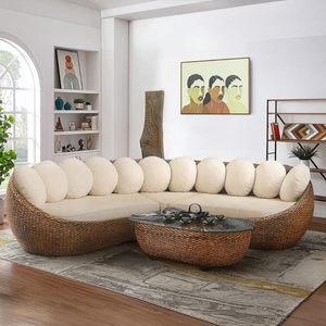 Curved Rattan Sectional <b>Sofa</b> <b>Set</b> Eco-Friendly Handmade Traditional Design Modular Living Room Furniture Antique Beige <b>Cushions</b> - Product Image 1