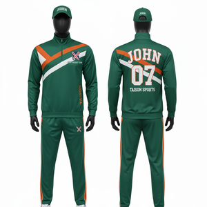 Mens Cricket Training <b>Tracksuit</b> 220 GSM Premium Polyester Interlock Green Orange <b>White</b> Panel Design Custom Sublimation Logo - Product Image 1