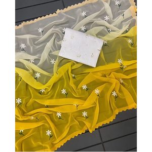 Sari en Georgette de créateur avec broderie et blouse non cousue BLANCHE - Product Image 1