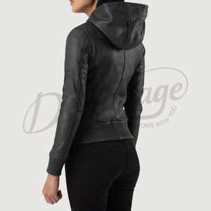 Premium Women Black Real Leather Hooded <b>Bomber</b> <b>Jacket</b> Slim Fit Soft Sheepskin Hoodie <b>Jacket</b> Casual Outerwear Coat - Product Image 3