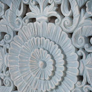 Cabecero de Cama King Size con Mandala Tallado en Madera, Decoración Floral, Acabado Azul Cielo, Juego de 3 Piezas de Arte Mural en Madera - Product Image 4