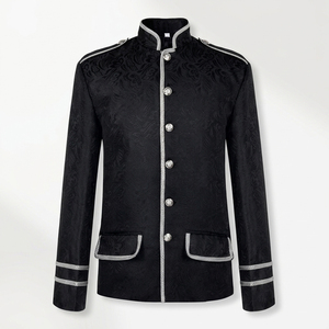 Veste d'équitation victorienne en brocart noir pour homme, col montant, garniture tressée argentée, style gothique steampunk, poches à rabat - Product Image 3