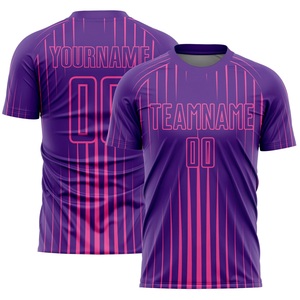 Maillot de football personnalisé sublimé professionnel, rayé violet et rose, col rond, manches courtes, anti-transpiration, pour équipe adulte - Product Image 5