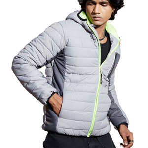Men's Grey Hooded Puffer Jacket With Neon Green Zipper Windproof Casual Autumn Wear Slim Fit Polyester <b>Wadding</b> Regular Length - Product Image 1
