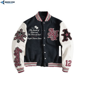 Men's Varsity Jacket Navy Cream Sleeve Letter Embroidery Preppy Style Autumn Wear Polyester Cotton Material - Product Image 5