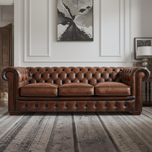 Sofá Chesterfield Tradicional de Cuero Marrón con Tapizado Profundo, Sofá Clásico de 3 Plazas para Decoración de Sala de Estar u Oficina - Product Image 1