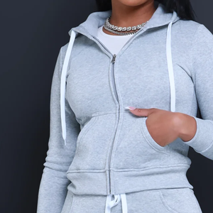 Ensemble sweat-shirt gris à capuche et fermeture éclair pour femme, taille haute, manches longues, décontracté, tricoté, couleur unie, toutes saisons, coupe classique - Product Image 4