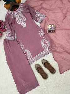 Women's Purple Embroidered Kurta Set With <b>White</b> <b>Lace</b> Loose Fit Ankle-Length Traditional Indian Pakistani Wear All Seasons - Product Image 4
