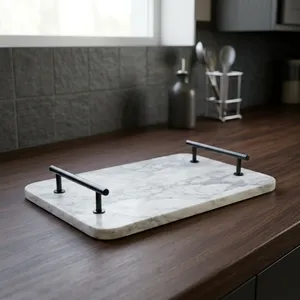Plateau de rangement rectangulaire en marbre avec poignées en métal noir, design minimaliste, pour une utilisation en cuisine, durable - Product Image 5