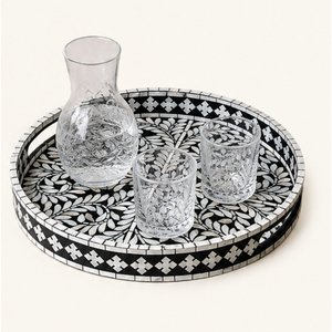 Plateau de service rond noir moderne en nacre incrustée de motifs floraux, plateau décoratif pour table basse, vente en gros - Product Image 6