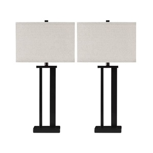 Lámpara de Mesa Metálica Monarch de Doble Pilar con Marco de Hierro Abierto, Pantalla Rectangular de Lino Premium, Iluminación Ambiental Cálida para Hogares Modernos - Product Image 2