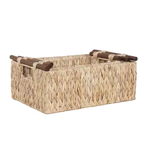 Set Of 3 Hand-woven Water Hyacinth Sundries Storage Basket Organizer With Wooden Handles For Home Storage