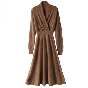 Elegante Vestido de Suéter de Cachemira para Mujer, Cuello en V, Manga Larga, Corte en A, Midi, Tejido de Punto, Color Sólido, Moda Otoñal - Product Image 4
