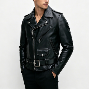 Chaqueta de Motociclista de Cuero Genuino para Hombre, Cuello Camisero, Cierre de Cremallera, Cinturón, Color Sólido, para Otoño e Invierno - Product Image 3