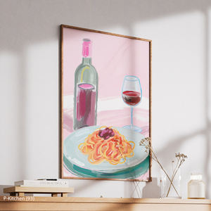 Cuadro Impresionista de Comida sobre Lienzo para Cocina, Arte de Pasta y Vino, Decoración Estética Rosa para Comedor - Product Image 3