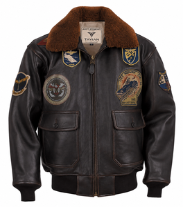 TAVIAN <b>Mens</b> Genuine <b>Leather</b> Bomber <b>Jacket</b> With Embroidered Patches <b>Faux</b> Fur Lining Zipper Closure Winter Moto Style - Product Image 1