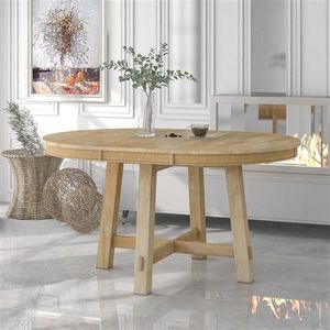 Farmhouse-Style Round Extendable Dining Table with 16\" Wood Leaf Kitchen Table in Natural Wood Wash - Product Image 1