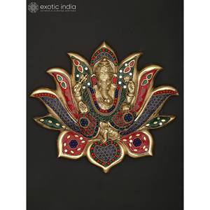 รูปปั้นทองเหลืองติดผนัง10 "bhagawan Ganesha ที่แขวนอยู่บนผนังลายดอกบัวที่สลับซับซ้อน - Product Image 3