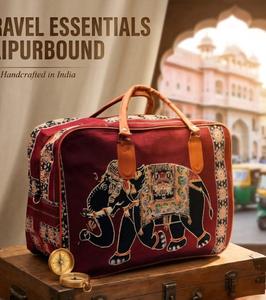 Sac fourre-tout et sac de voyage pour femme, fait main, avec fermeture éclair, imprimé éléphant, doublure en velours polyester – Sac de transport portable fabriqué en Inde - Product Image 4