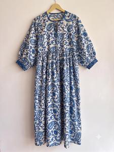 Best Quality Women Casual Maxi <b>Dress</b> 100% Cotton Blue Paisley Print Puff Sleeve O-Neck Loose Fit <b>Elastic</b> Waist Summer Daily Wear - Product Image 2