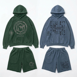 Conjunto de Sudadera con Capucha y Pantalones Cortos Unisex Personalizados con Apliques Verdes, Ropa Urbana Gráfica de Dos Piezas, Fabricante de Ropa de Marca Privada OEM ODM - Product Image 1
