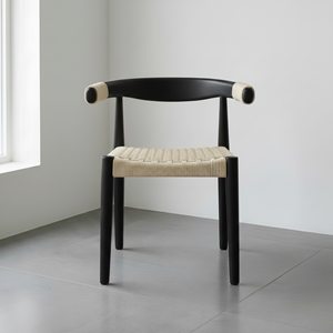 Modern Black Solid Wood <b>Dining</b> <b>Chair</b> Rounded Backrest Luxury Cafe Hotel Restaurant Armrest <b>Chair</b> with Hand Woven Rope Seat OEM - Product Image 6