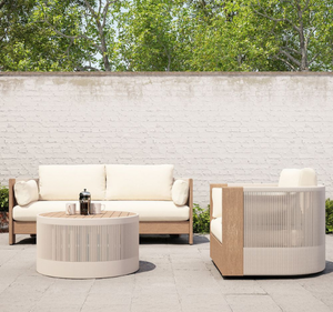 Ensemble de canapés d'extérieur modernes en teck massif avec sièges rembourrés, table basse en corde écologique imperméable pour salon et patio - Product Image 1