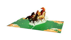 Tarjeta de felicitación 3D emergente con caballos galopando sobre un fondo floral verde, decoración de papel artesanal - Product Image 1