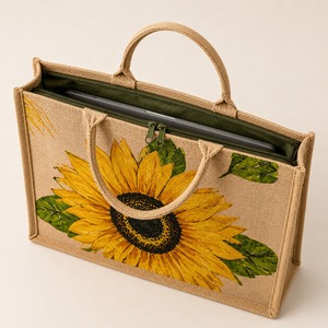 Bolsa de mano tipo tote de yute con estampado pata de gallo, ecológica, resistente, con cierre trasero con cremallera, reutilizable, para compras, con asa larga para el hombro, tamaño mediano. - Product Image 2