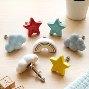 Wholesale Handmade <b>Ceramic</b> Kids <b>Knobs</b> Star Cloud Rainbow Design Colorful Drawer Cabinet Door Pulls Nursery Decor - Product Image 2