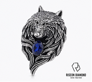 Pendentif Tête de Loup Premium Fait Main Texture Fourrure Centre en Saphir Bleu Argent Oxydé Bijou Hip Hop Tendance pour Homme Cadeau - Product Image 3