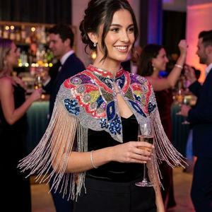 Cape de burlesque élégante avec des paillettes, des perles et des franges pour les festivals festifs, silhouette droite, décoration de broderie naturelle - Product Image 1