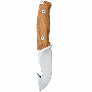 Cuchillos de caza de hoja fija con mango de madera marrón natural, hoja con gancho para tripas plateado, empuñadura remachada y orificio para cordón para uso en campo - Product Image 5