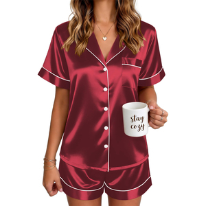 Ensemble de pyjama en satin rouge vin pour femmes, manches courtes, col cranté, vêtements de nuit avec short, vêtements de détente d'été - Product Image 1