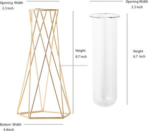 Vases géométriques à armature métallique avec inserts en verre pour centre de table Vases en métal doré pour arrangements floraux minimalistes - Product Image 2