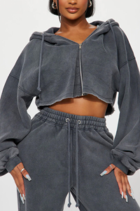 Ensemble de survêtement décontracté pour femme, hiver, imprimé, coupe oversize, avec sweat à capuche court, effet délavé à l'acide, strass, effet soleil, fermeture éclair, manches longues, écoresponsable - Product Image 4