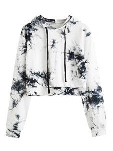 <b>Women's</b> Tie Dye <b>Hoodie</b> Long Sleeve Cropped Pullover Casual Black <b>White</b> Print Autumn Sweatshirt - Product Image 1