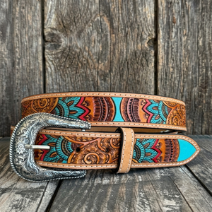 Vintage handmade <b>Leather</b> <b>Belt</b> Engraved Floral Pattern Western Style cowhide strap Embossed Artisan Casual Fashion Accessory - Product Image 1
