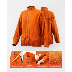 Veste de soudage en cuir de vachette robuste avec 4 poches, résistante aux flammes et à la chaleur, imperméable, vêtements de sécurité pour pompiers - Product Image 5