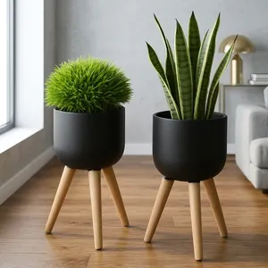 Ensemble de 2 jardinières en métal avec pieds en bois, noir, anti-rouille, rondes, pour plantes d'intérieur et d'extérieur, balcon, jardin, décoration de la maison - Product Image 6