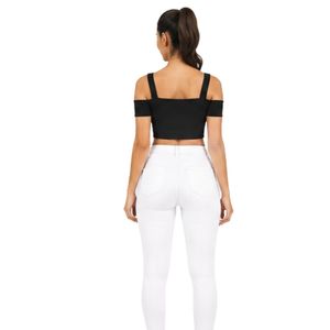 Haut court noir à épaules dénudées pour femme, à manches courtes, col carré et détails de bretelles, pour un usage décontracté - Product Image 5
