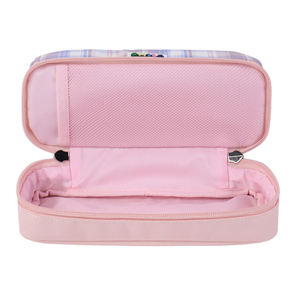 Trousse à crayons en nylon format A5, rose à carreaux, avec patch souriant et fermeture à double zip - Product Image 1